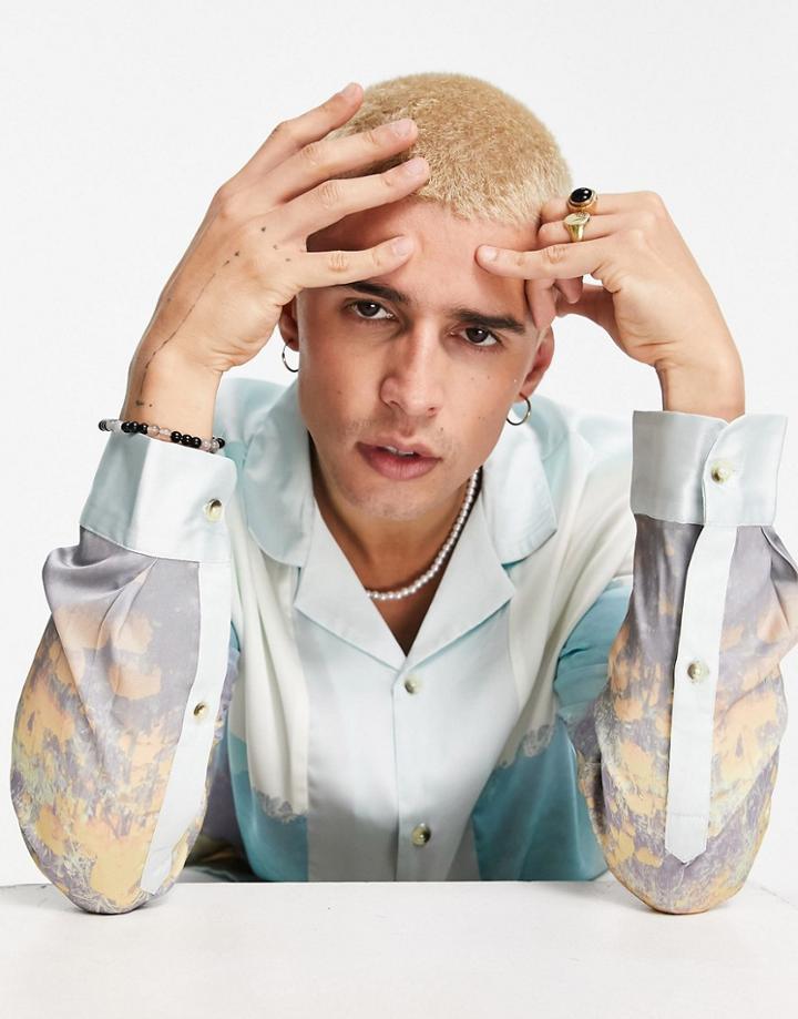 Asos Design Relaxed Camp Collar Shirt With Scenic Print In Satin-blues