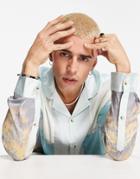 Asos Design Relaxed Camp Collar Shirt With Scenic Print In Satin-blues