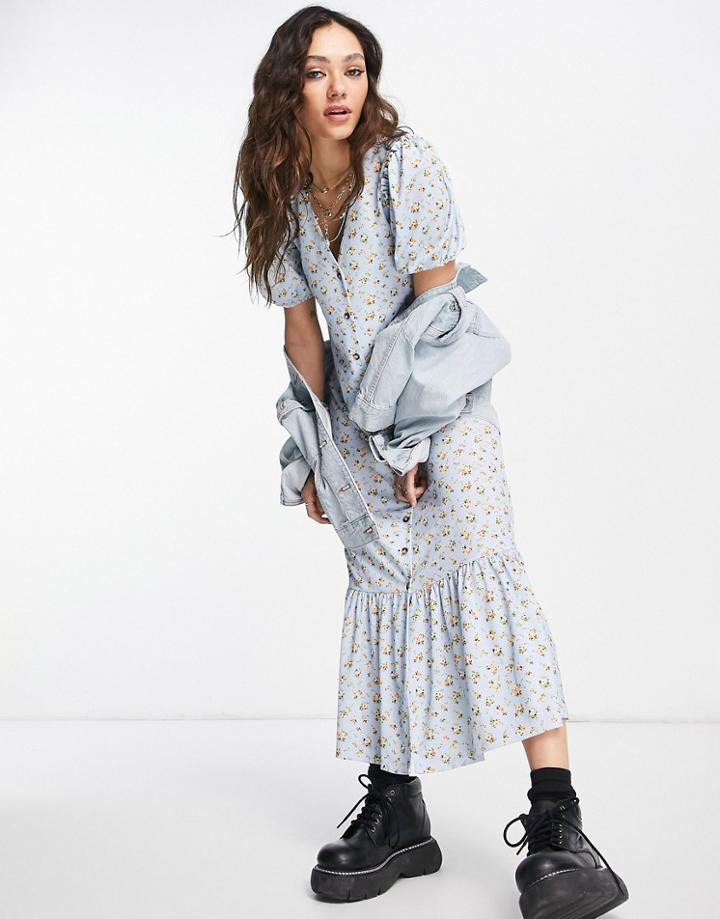 Topshop Jersey Button Through Midi Dress In Pale Blue