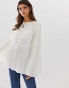 Asos Design Long Sleeve Pleated Smock Top-cream