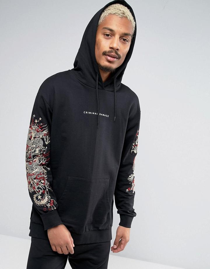 Criminal Damage Hoodie With Dragon Sleeve Print - Black