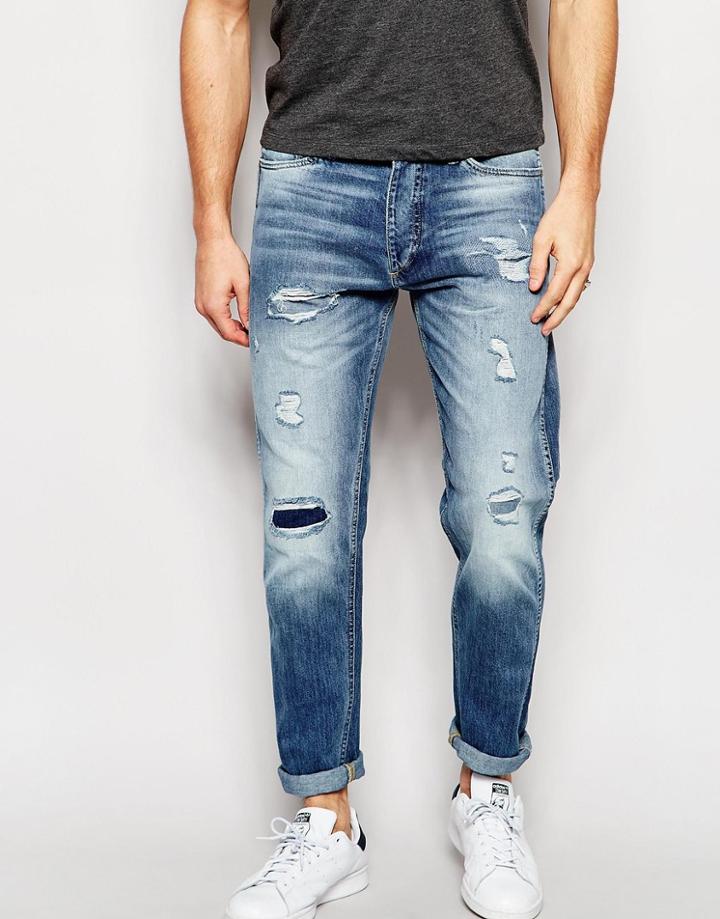 Jack & Jones Light Wash Slim Fit Rip & Repair Jeans - Light Blue