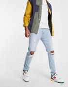 Asos Design Skinny Jeans With Knee Rips In Light Wash Blue-blues