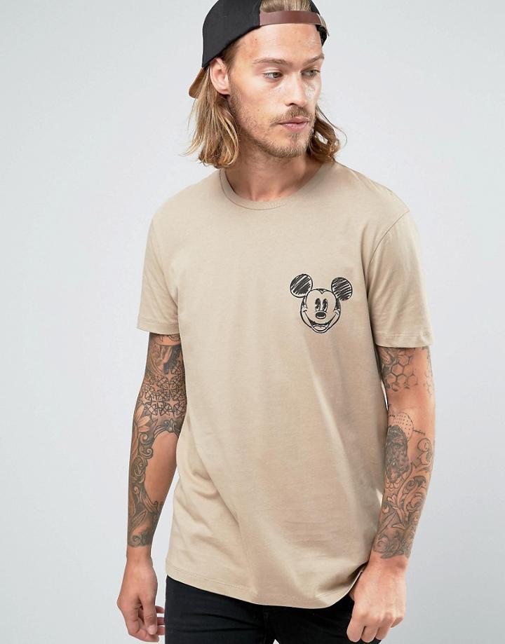 Asos T-shirt With Mickey Mouse Face Chest Print In Relaxed Skater Fit - Beige