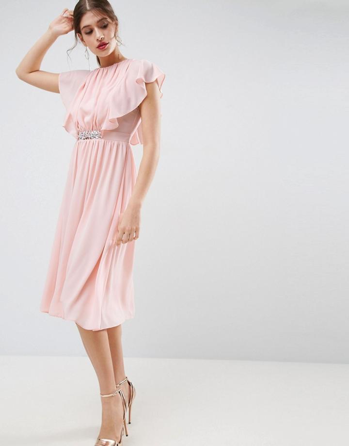 Asos Embellished Waist Flutter Sleeve Midi Dress - Beige