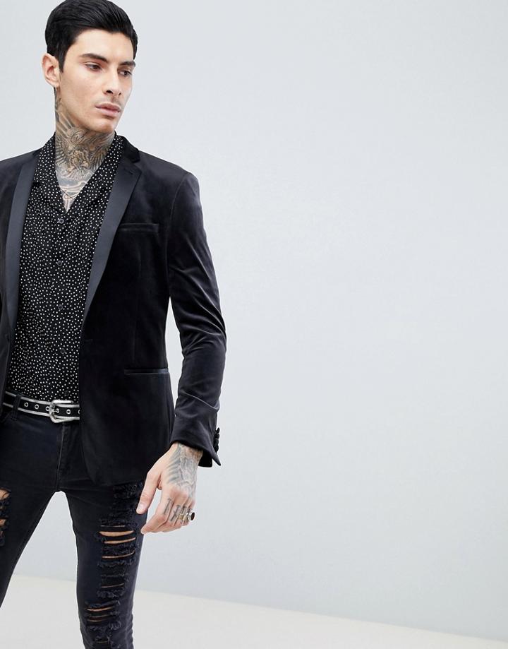 Asos Design Skinny Blazer In Black Velvet - Black