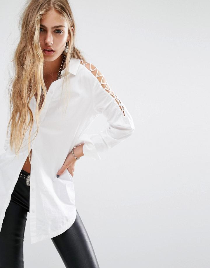 Noisy May Lattice Cold Shoulder Shirt - White
