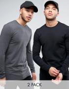 Asos 2 Pack Long Sleeve Longline Muscle T-shirt In Black/charcoal Marl Save - Multi
