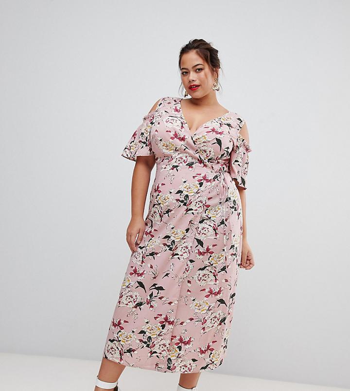 Lovedrobe Cold Shoulder Midi Dress In Pink Floral - Multi