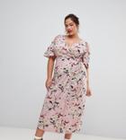 Lovedrobe Cold Shoulder Midi Dress In Pink Floral - Multi