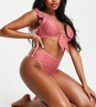 Peek & Beau Fuller Bust Exclusive High Waist High Leg Bikini Bottoms In Red Gingham