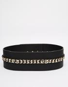Asos Wide Waist Belt With Laid On Chain Detail - Black