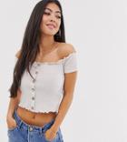 New Look Petite Frill Edge Button Through Bardot Top In Oatmeal-pink