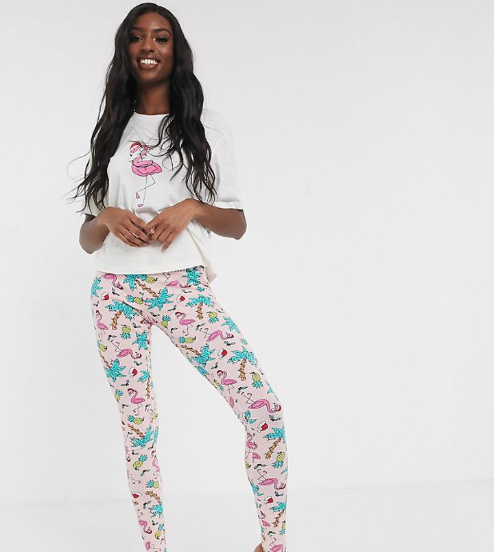 Asos Design Tall Holidays I'm Lit Flamingo Tee & Legging Pyjama Set-pink