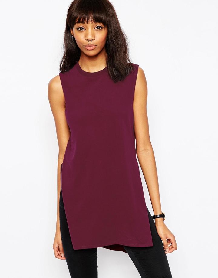 Asos Sleeveless Top In Longline With Side Splits - Oxblood