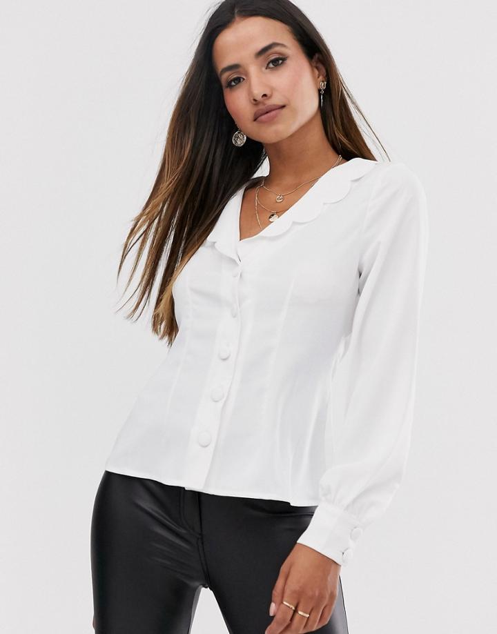 Fashion Union Button Down Blouse With Puff Sleeves And Scallop Collar-cream