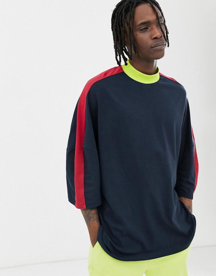 Asos Design Organic Oversized T-shirt With Half Sleeve And Contrast Shoulder Panel In Navy - Navy