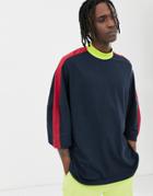 Asos Design Organic Oversized T-shirt With Half Sleeve And Contrast Shoulder Panel In Navy - Navy