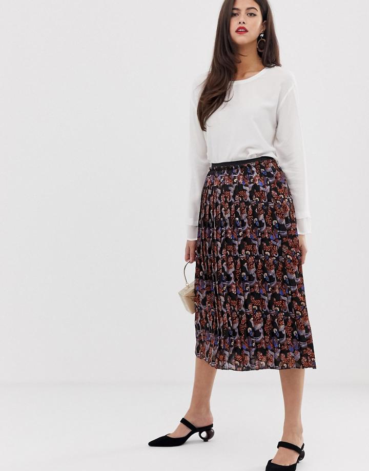 Y.a.s Maxi Pleated Scarf Print Midi Skirt - Black