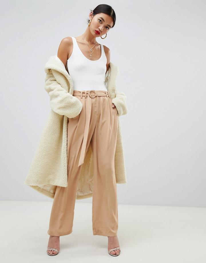Na-kd Wide Leg Pants With Tie Waist In Camel - Brown
