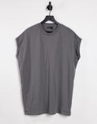 Asos Design Oversized Longline T-shirt With Roll Sleeve In Washed Black