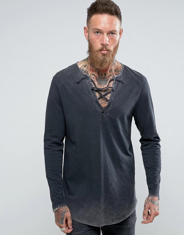 Asos Super Longline Long-sleeve T-shirt With Acid Wash And Lace-up Neck - Gray