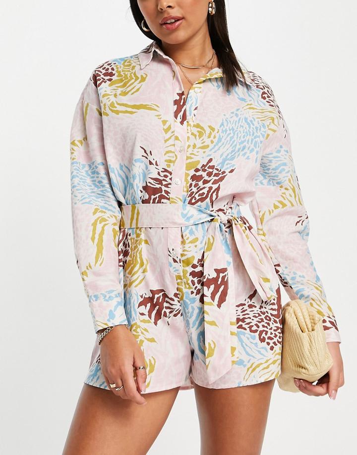 Asos Design Belted Shirt Beach Romper In Mixed Animal Print-multi