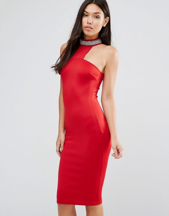 Ax Paris Embellished T Bar Midi Dress - Red
