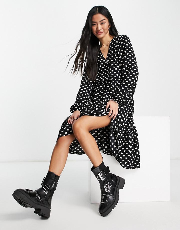 Monki Recycled Heart Print Textured Midi Dress In Black
