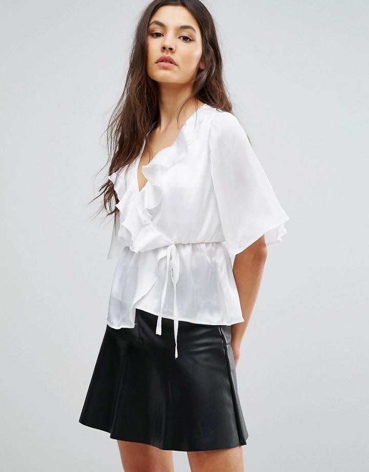 Club L Satin Tie Up Kimono Sleeve Top With Ruffle Detail - Cream