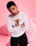 Asos Design Skinny Long Sleeve T-shirt In White Mesh With Slashed Detail In Recycled Polyester