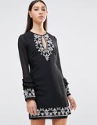 Maya Keyhole Front Ruffle Hem Long Sleeve Dress With Embriodered Detail - Black
