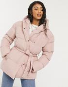 Threadbare Stanley Belted Puffer Coat With Hood-pink