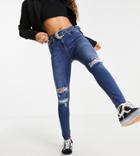 Parisian Petite Belted Skinny Jeans With Ripped Knee In Indigo-blues