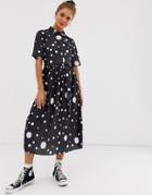 Asos Design Midi Shirt Dress With Pleated Skirt And Belt In Polka Dot - Multi
