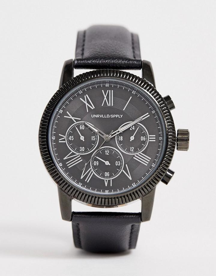 Asos Design Oversized Watch With Subdial Detail In Black Leather - Black