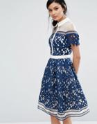 Chi Chi London Premium Lace Paneled Dress With Contrast Collar - Navy