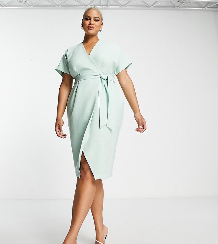 Closet London Plus Wrap Tie Midi Dress Sage-green
