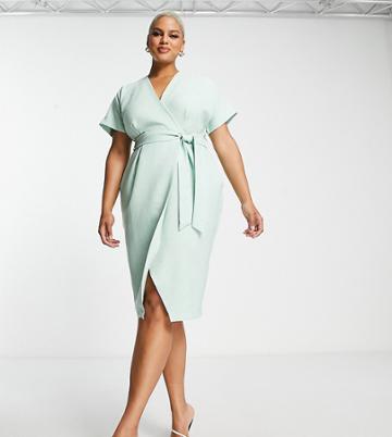 Closet London Plus Wrap Tie Midi Dress Sage-green
