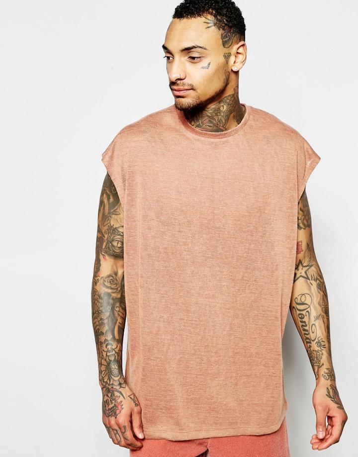 Asos Oversized Sleeveless T-shirt In Linen Look Fabric In Black - Tanners Brown