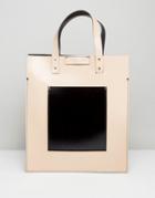 Leather Satchel Company Nude Patent Tote With Black Patent Contrast Patch Pocket - Cream