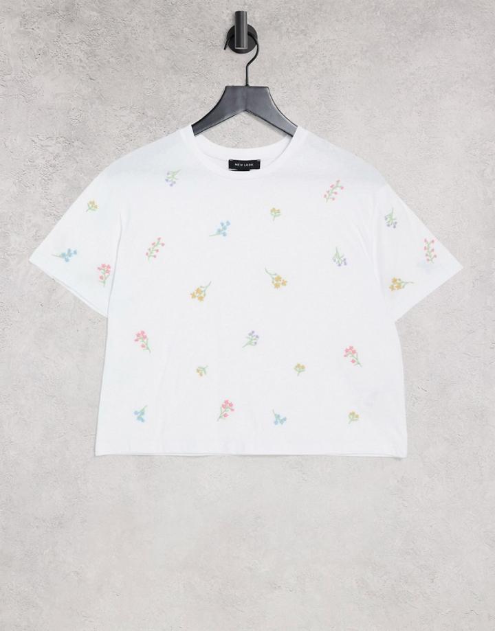 New Look Floral Embroidered Boxy Tee In White