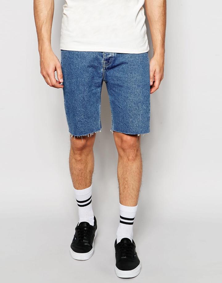 Asos Denim Shorts In Slim With Raw Hem - Dark Blue