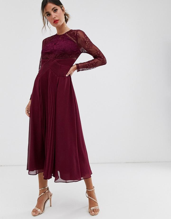 Asos Design Long Sleeve Lace Paneled Pleat Midi Dress-red