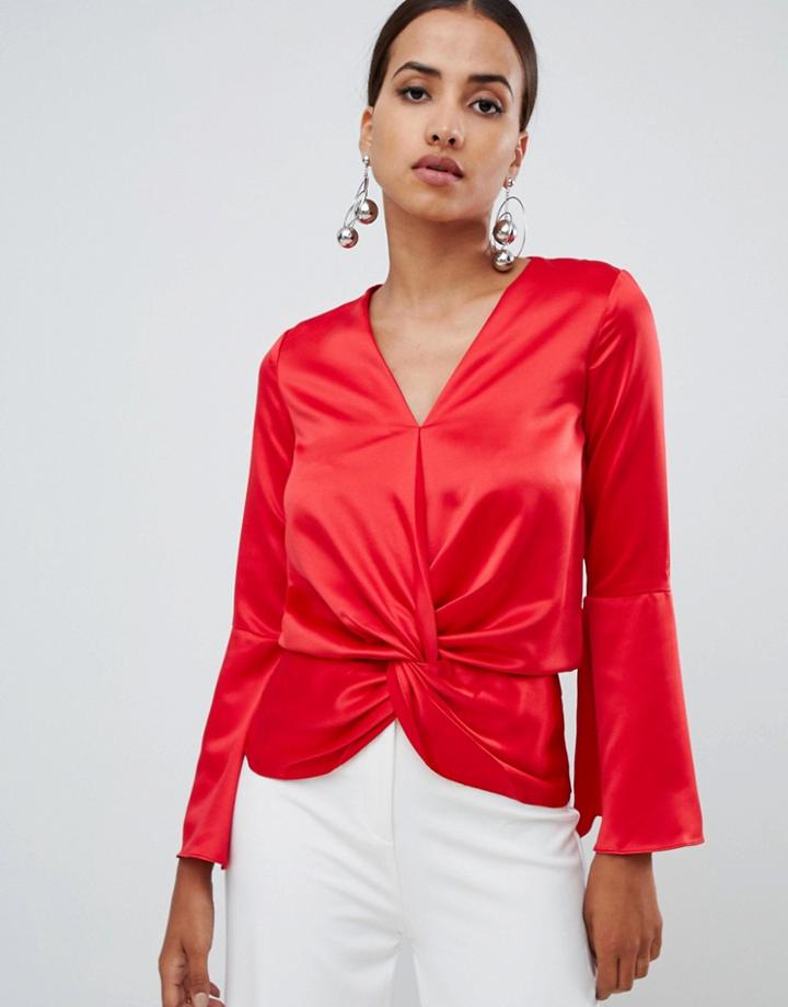 Lipsy Long Sleeve Knot Front Top-red