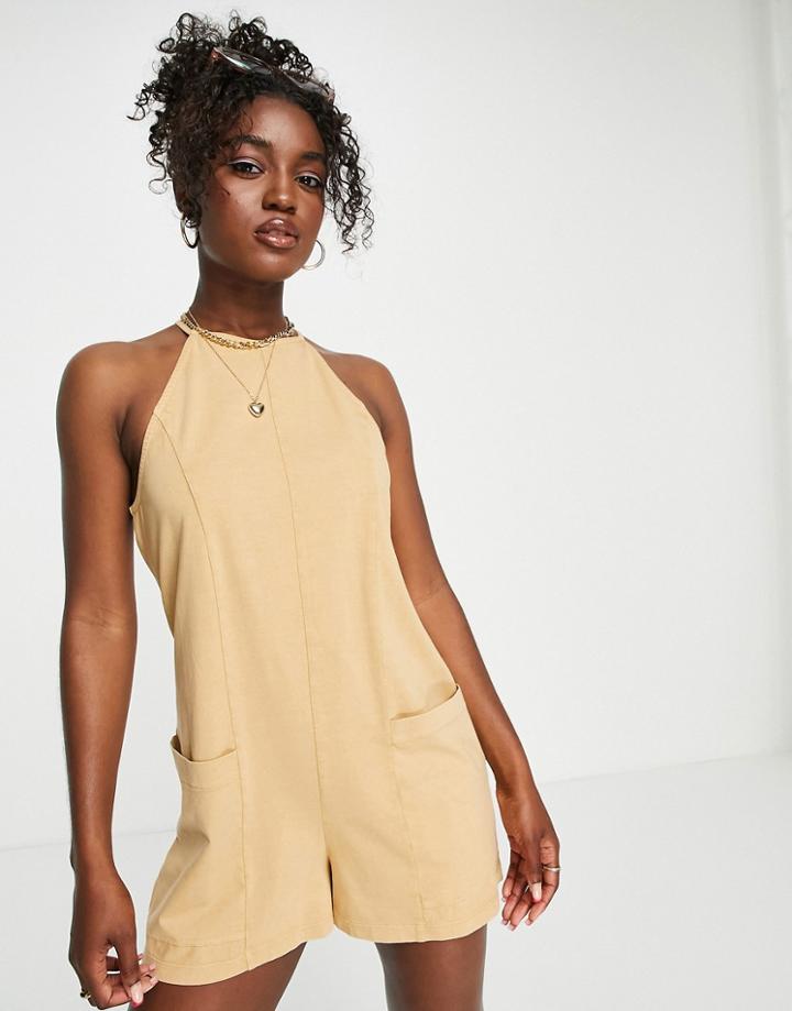Asos Design Washed Slouched Pocket Romper In Beige-neutral