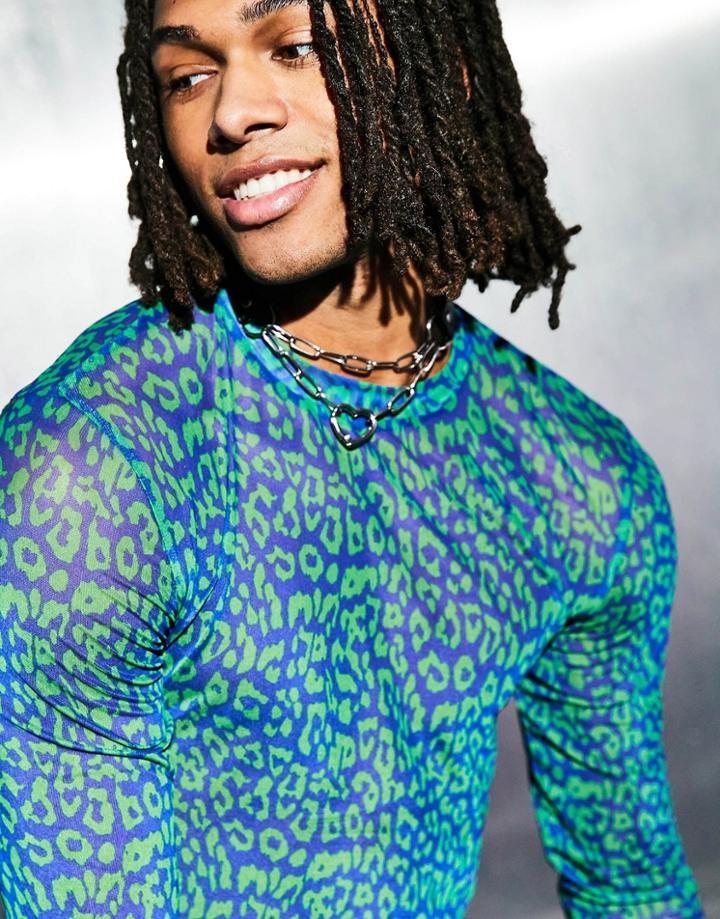 Asos Design Muscle Long Sleeve T-shirt In Blue Animal Print Mesh - Mblue