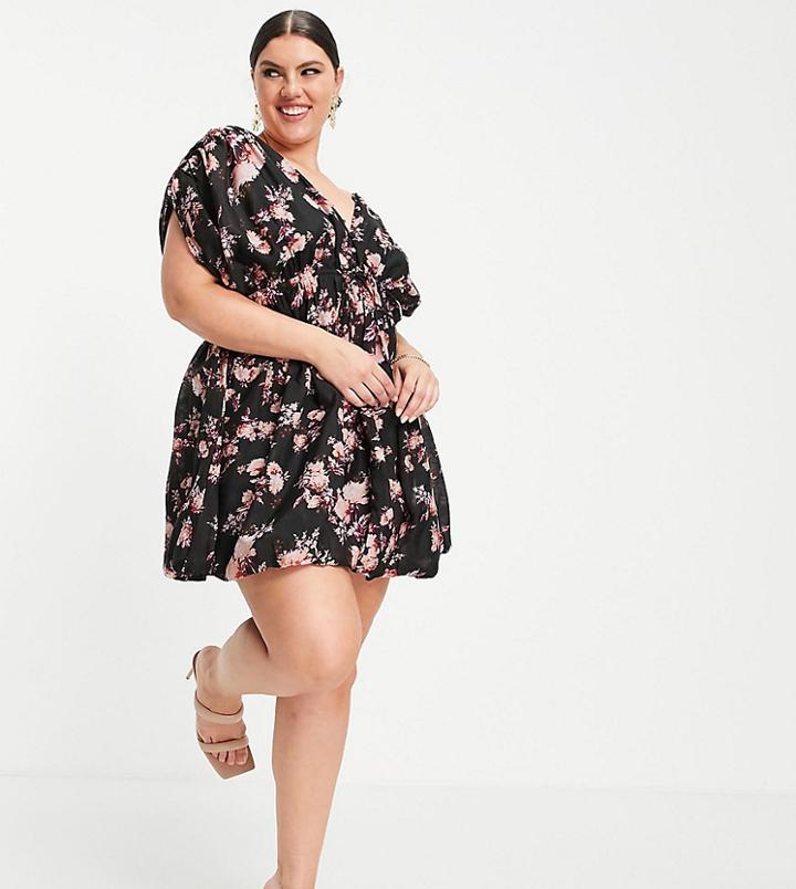 Asos Design Curve Button Detail Mini Dress With Puff Ball Skirt In Dark Floral-multi