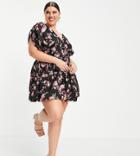 Asos Design Curve Button Detail Mini Dress With Puff Ball Skirt In Dark Floral-multi