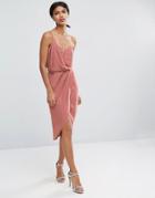 Asos Asymmetric One Shoulder Wrap Front Pencil Dress - Dusky Pink